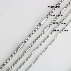 Close-up of four stainless steel box chains in 5mm, 4mm, 3mm, and 2.5mm widths