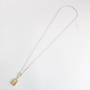 Detailed view of bicolor Buddha pendant necklace with gold plaque and silver steel chain