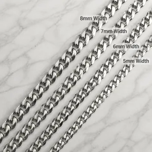 Silver stainless steel Cuban link chains in four widths: 5mm, 6mm, 7mm, and 8mm sizes