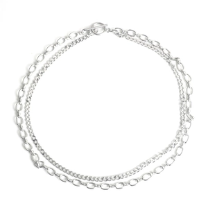 Collana a doppio strato in acciaio al titanio argento con catena cubana e chiusura OT