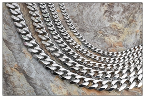Polished stainless steel Cuban link chains shown in five different thicknesses and widths