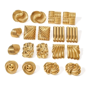 Collection of geometric gold stainless steel earrings with textured vintage designs