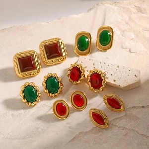Vintage 18K gold-plated stainless steel earrings with red and green gemstone accents
