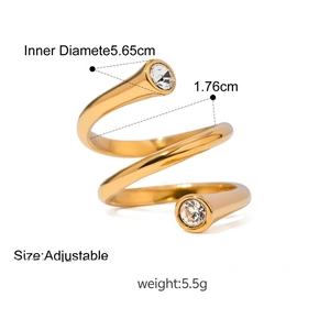 Adjustable gold spiral zircon ring made of stainless steel with weight and size details
