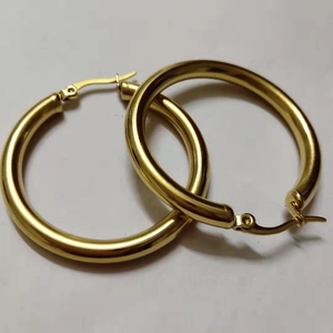 Polished 4mm thick hollow gold stainless steel hoop earrings in minimalist style