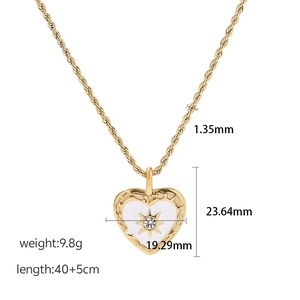 Gold stainless steel heart necklace with white enamel star and measurements display