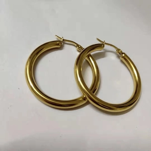 Polished 4mm thick gold stainless steel hollow hoop earrings with secure latch back closure