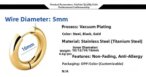 Macro detail of 5mm thick gold vacuum-plated stainless steel hoop earring with specs
