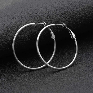 Polished silver 316L stainless steel large hoop earrings with secure lever-back closure