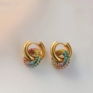Pendientes vintage franceses de acero chapado en oro de 18K con circonitas arcoíris