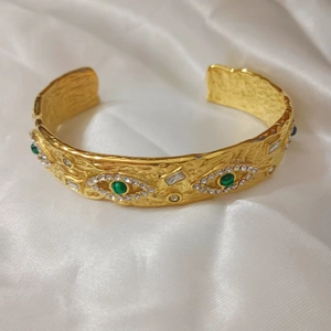 18k gold plated stainless steel evil eye open cuff with malachite and zircon accents