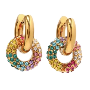 Pendientes de aro en acero inoxidable de 18K con colgante de pavé de cristales arcoíris