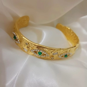 18k gold plated stainless steel open bangle with malachite evil eye and zircon stones