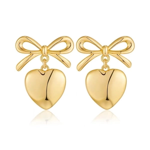 Elegant 18K gold plated stainless steel bow and heart drop earrings for women