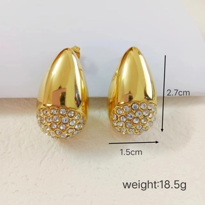 Macro shot of 18k gold plated water drop earrings with dimensions and rhinestone details