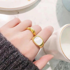 18k gold plated stainless steel square ring with white shell inlay for women