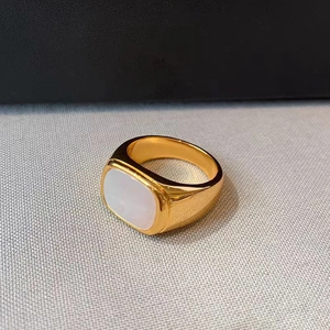 18K gold plated stainless steel wide ring with rectangular white mother of pearl inlay