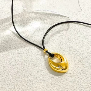 Edelstahl 18K Vergoldet Hohl Teardrop Zirkonia Anhänger Halskette Schwarz Lederschnur Minimalistisch Schmuck Für Damen