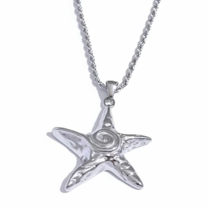 Starfish pendant necklace in polished stainless steel with a twisted rope chain design