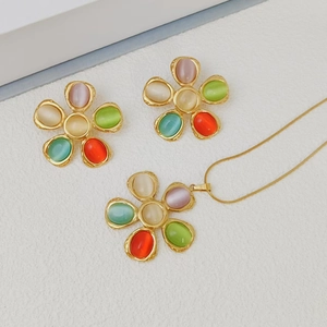 Vintage Hammered Stainless Steel Colorful Cat Eye Stone Flower Jewelry Set Stud Earrings Pendant Necklace Ring For Women
