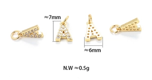 Macro shot of gold letter A pendant with inlaid zircons and dimensions of 7mm by 6mm