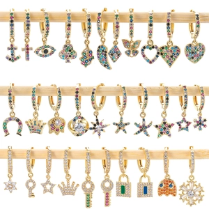 18K Vergoldete Kupfer Creolen Mit Bunten Zirkonia Anhängern Böser Blick Seestern Schlüssel Herz Schmuck Für Damen