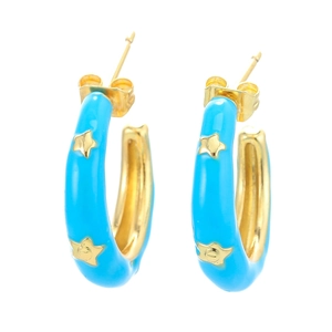 Boucles d'oreilles créoles C en émail bleu ciel avec étoiles dorées de style coréen