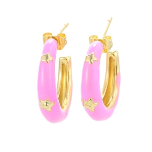 Boucles d'Oreilles Créoles en Cuivre en Forme de C pour Femmes Couleur Bonbon Émail Étoile Géométrique Zirconia Incrusté Bijoux