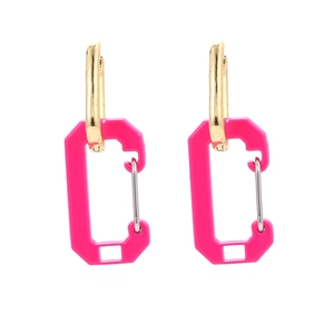 Fashionable neon pink safety pin drop earrings with minimalist gold metal geometric hoops