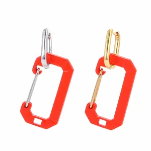 Retro geometric square carabiner drop earrings in bold red with gold and silver hooks