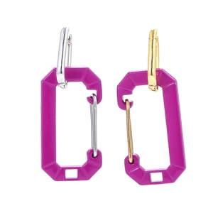 Modern purple carabiner earrings with asymmetric gold and silver metal hooks