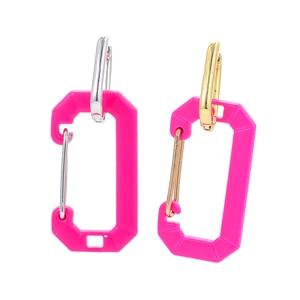 Neon pink rectangular carabiner earrings with mixed gold and silver metal hooks