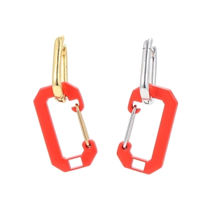 Industrial style D-shaped earrings with gold and silver hooks and red geometric pendants