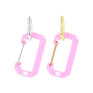 Modern carabiner style earrings in silver and gold metal with pink octagon charms