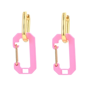 Modern gold hoop earrings featuring pink geometric paperclip charms on white background