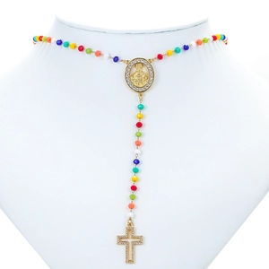 Religious Copper Zirconia Virgin Mary Medallion Cross Pendant Necklace Colorful Rosary Beads Clavicle Chain Jewelry