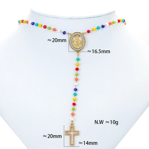 Detail of colorful beaded religious necklace with Virgin Mary medal and rhinestone cross