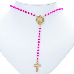 Rosary style Virgin Mary necklace with pink beads and zircon cross pendant on neck model