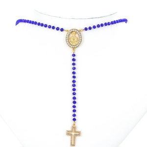Virgin Mary rosary necklace with blue faceted beads and a sparkling golden cross pendant