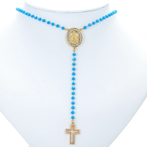 Blue beaded rosary necklace with gold Virgin Mary medal and crystal cross pendant