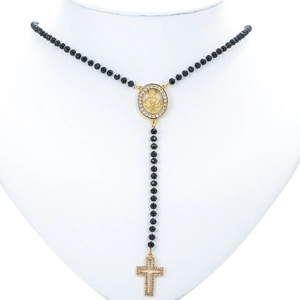 Y-shaped Virgin Mary rosary necklace with black beads and crystal cross pendant