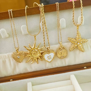 French Vintage Stainless Steel Heart Starfish Sun Moon Coin Pendant Necklace Gold Plated Zirconia Jewelry For Women