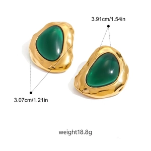 Irregular gold wave earrings with green resin drop, size 3.07cm wide by 3.91cm high