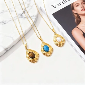 Vintage Roestvrij Staal Vergulde Hanger Ketting Voor Vrouwen Franse Stijl Turkoois Tijgeroog Kunstparel Rimpel Sieraden