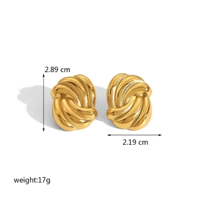 Polished 18K gold plated stainless steel knot stud earrings with size and weight info