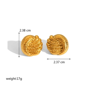 Detailed view of 18K gold plated round earrings with radial texture and size measurements