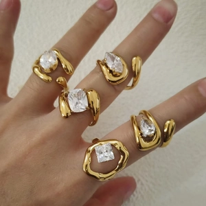 Minimalist Stainless Steel Irregular Open Ring For Women Vacuum 18K Gold Plated Inlaid Rhinestone Adjustable Jewelry Finger Ring