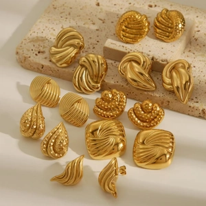 Stainless Steel Vintage Geometric Stud Earrings 18K Gold Plated Chunky Textured Niche Design Fashion Ear Jewelry For Women