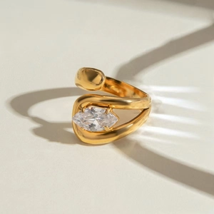 Polished 18K gold plated stainless steel irregular open ring with marquise zircon stone