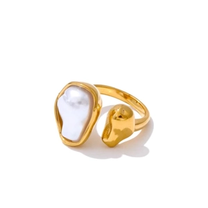 Gouden onregelmatige barokparel open ring van roestvrij staal met modern lava-design